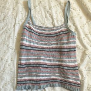 Knit, blue, pink, white, and grey striped tank top